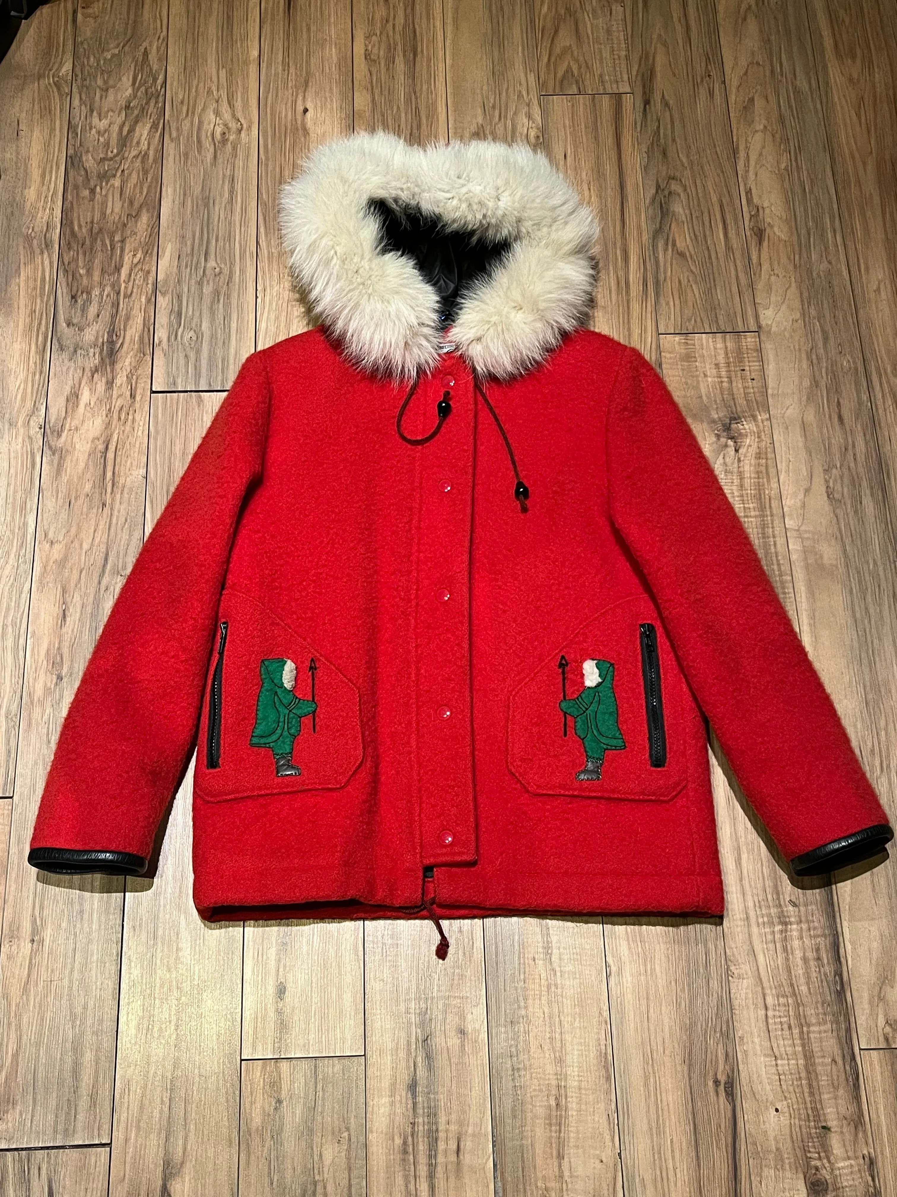 Vintage James Bay Red Wool Northern Parka with White Fur Trimmed Hood, Made in Canada, Chest 40”