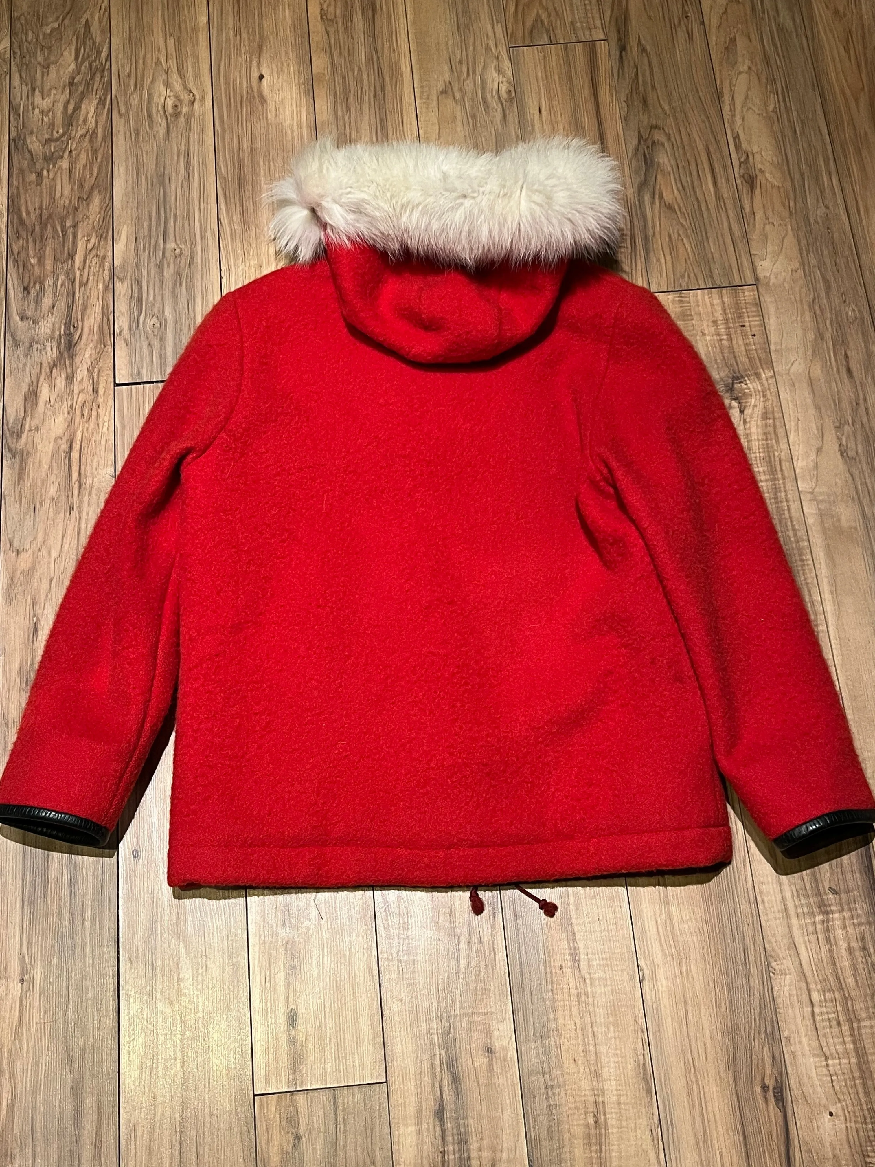 Vintage James Bay Red Wool Northern Parka with White Fur Trimmed Hood, Made in Canada, Chest 40”