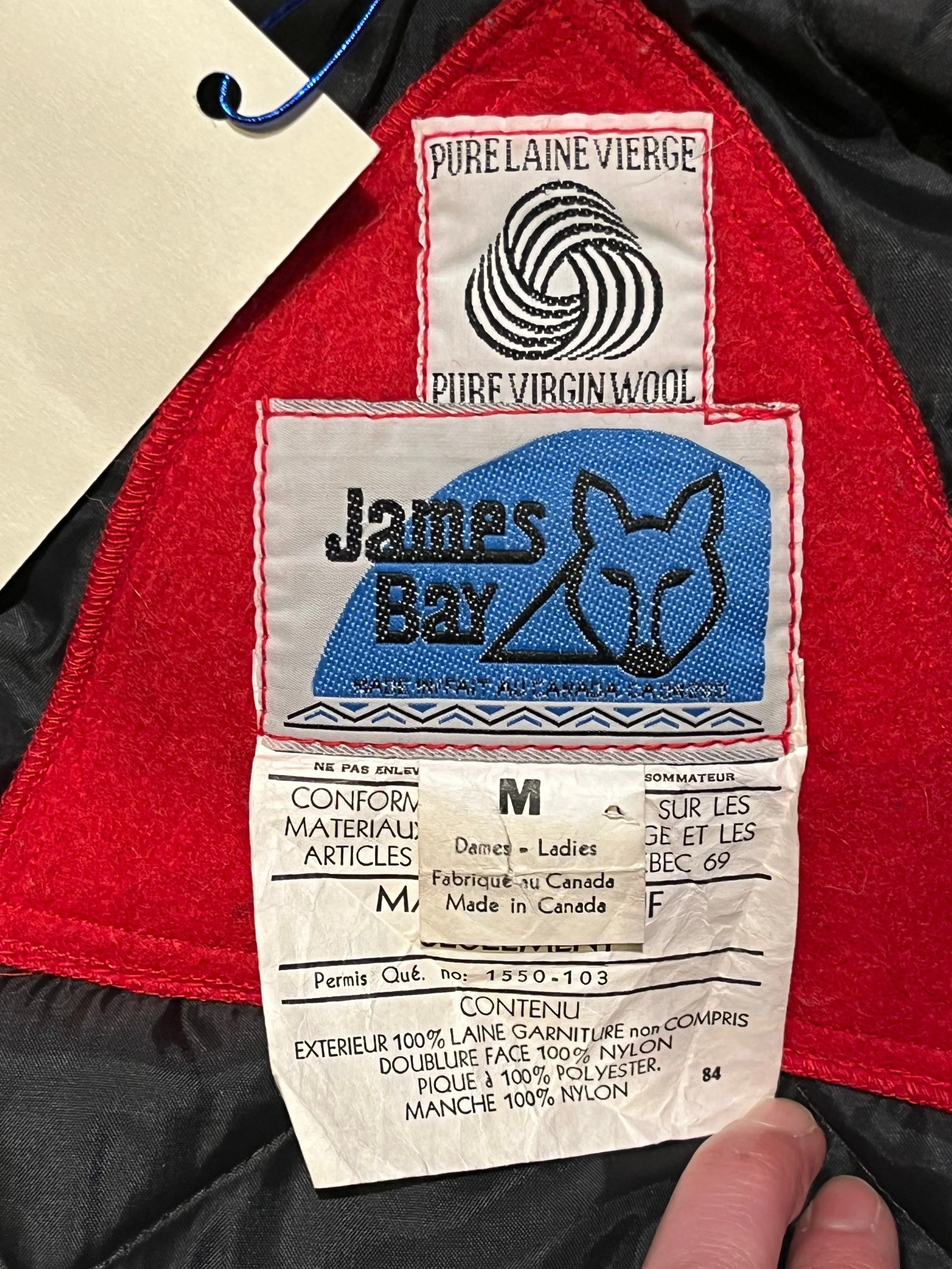 Vintage James Bay Red Wool Northern Parka with White Fur Trimmed Hood, Made in Canada, Chest 40”