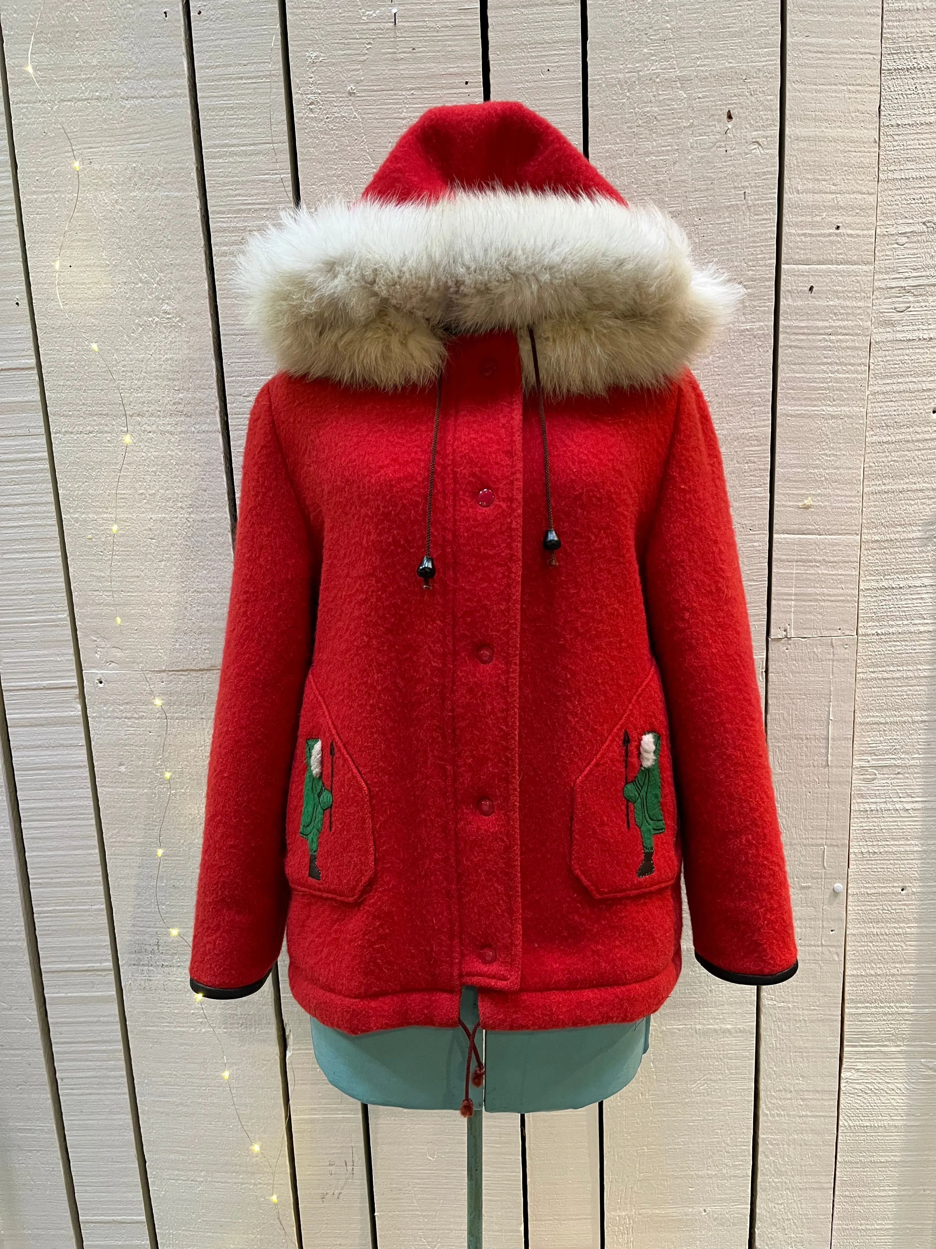 Vintage James Bay Red Wool Northern Parka with White Fur Trimmed Hood, Made in Canada, Chest 40”