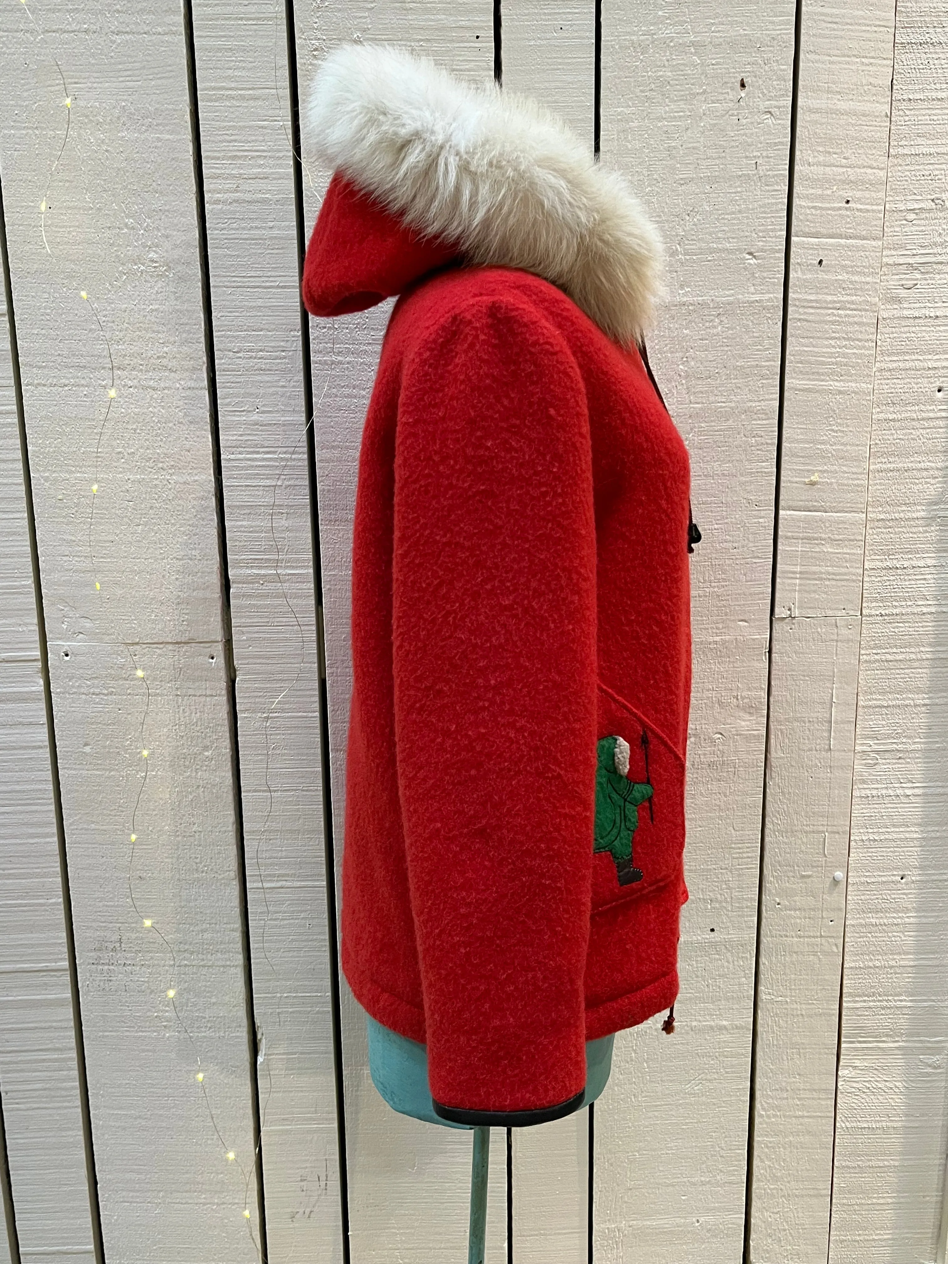 Vintage James Bay Red Wool Northern Parka with White Fur Trimmed Hood, Made in Canada, Chest 40”