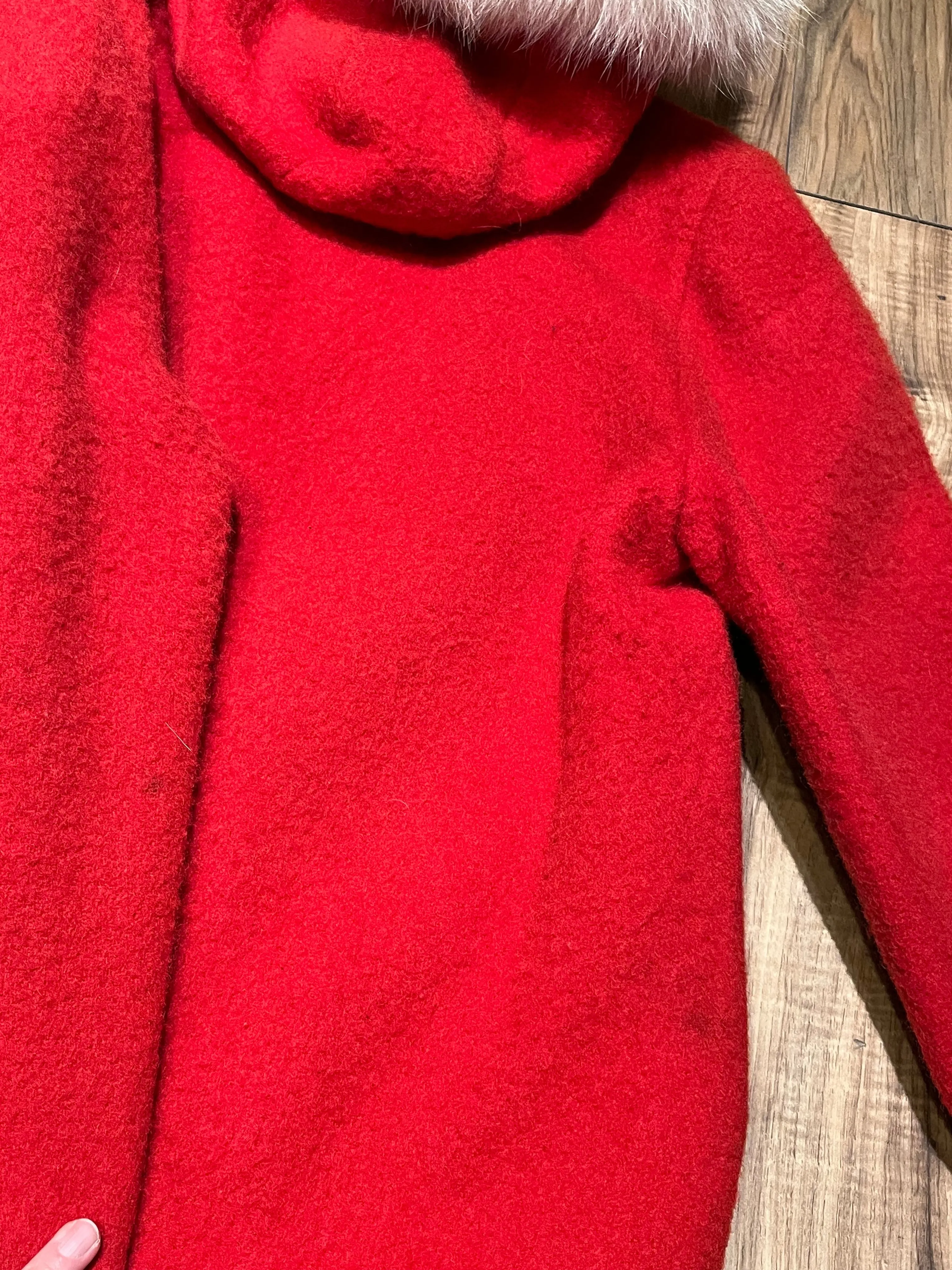 Vintage James Bay Red Wool Northern Parka with White Fur Trimmed Hood, Made in Canada, Chest 40”