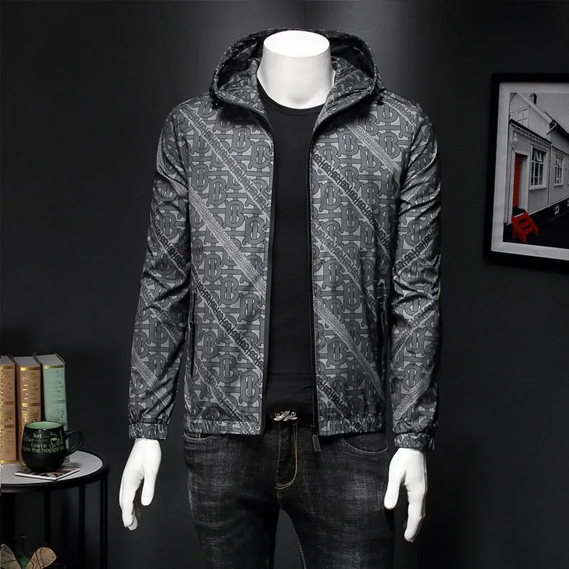 Vintage Print Hooded Casual Men Slim Fit Jacket