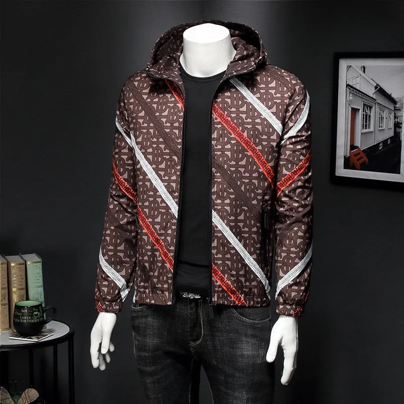 Vintage Print Hooded Casual Men Slim Fit Jacket