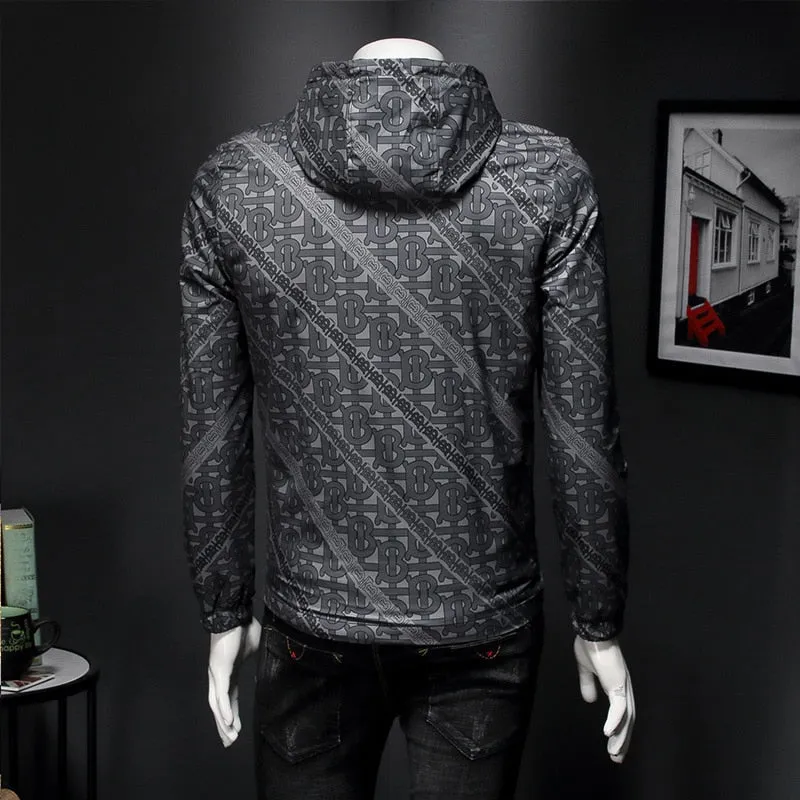 Vintage Print Hooded Casual Men Slim Fit Jacket