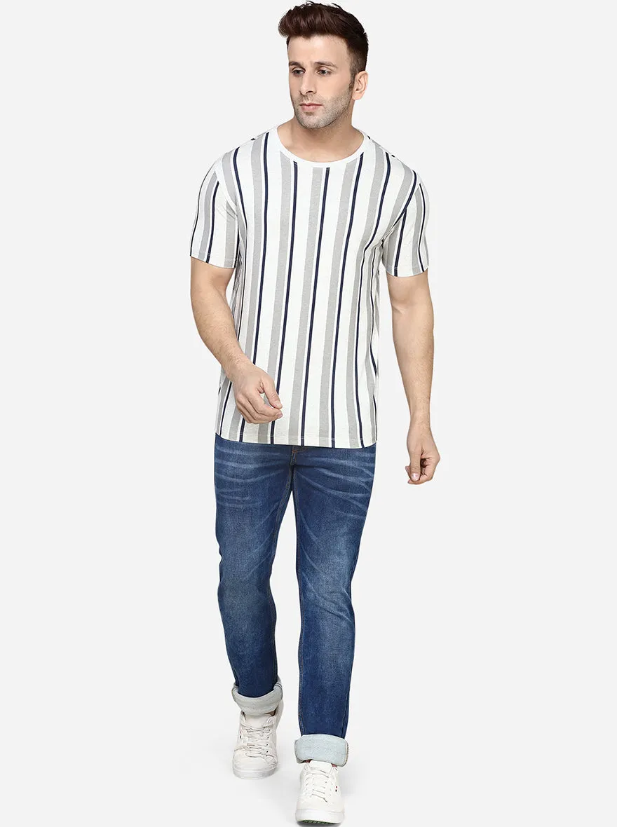 White & Blue Printed Slim Fit T-Shirt | JadeBlue