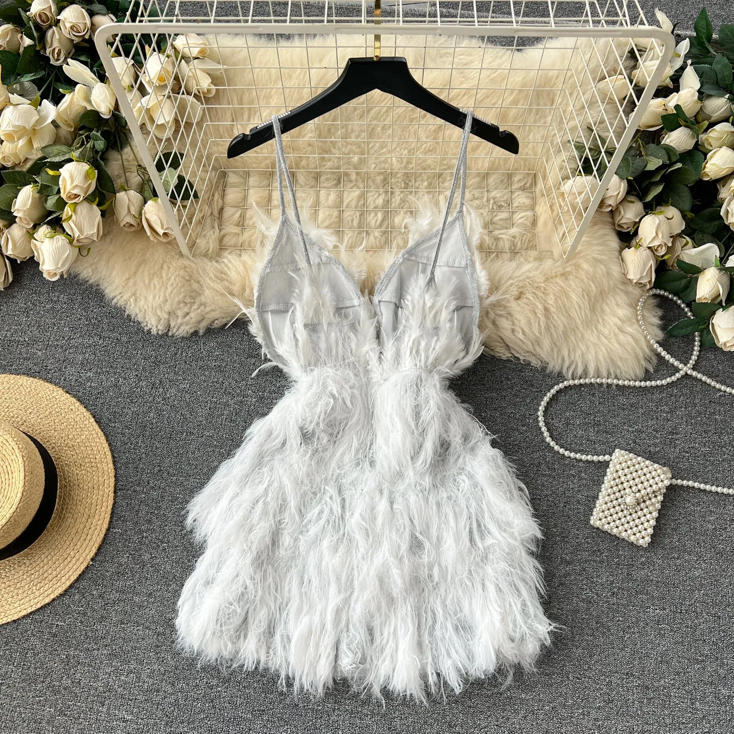 White Feather Fringed Halter Dress