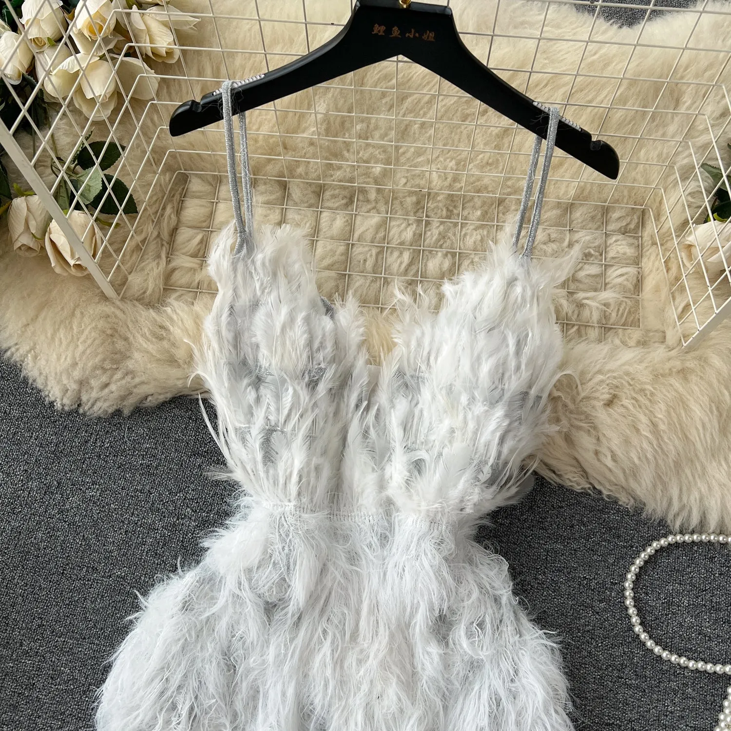 White Feather Fringed Halter Dress