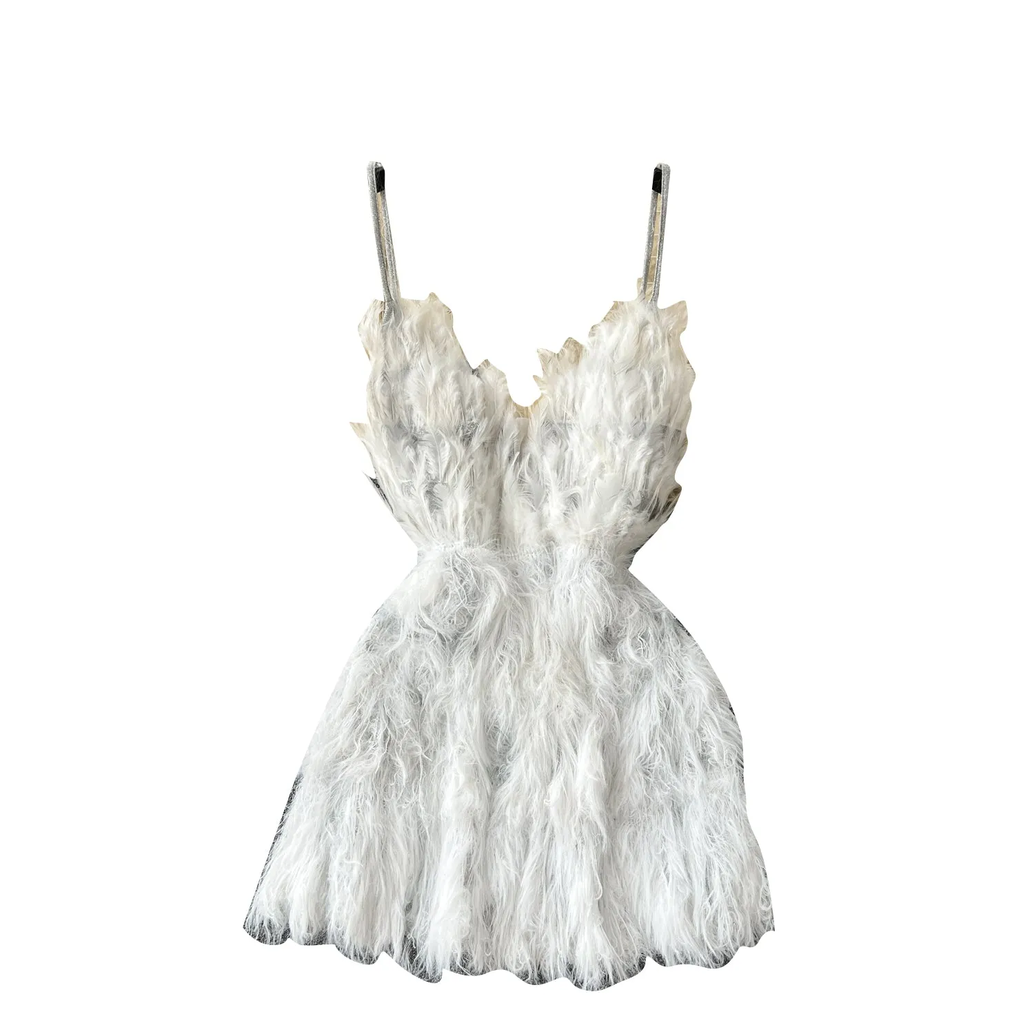 White Feather Fringed Halter Dress