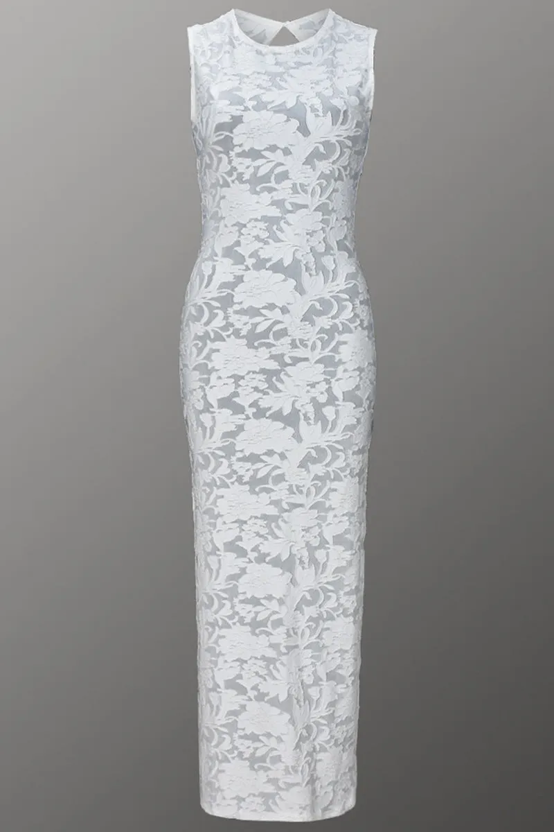 White Jacquard Round Neck Sleeveless Split Maxi Dress