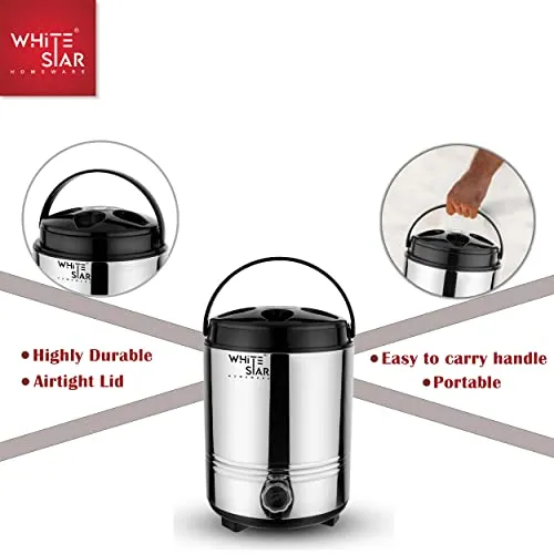 WHITESTAR Hot Tea/Water Containers with Airtight & Leak Proof Lid (8 Liters, Silver) Hot and Cold Upto 4-5 Hours I PUF Insulated Water Jug/Mayur Jug for Home Kitchen Office I Highly Durable