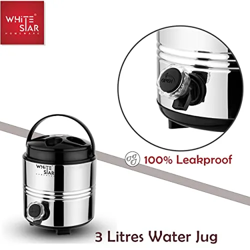 WHITESTAR Stainless Steel Insulated Water Dispenser for Office Home Kitchen I Hot and Cold Water Jug 3 Liters, Silver I Double Walled Steel & Sturdy Handle I Easy to Carry I Easy to Use & Maintain