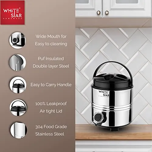 WHITESTAR Stainless Steel Insulated Water Dispenser for Office Home Kitchen I Hot and Cold Water Jug 3 Liters, Silver I Double Walled Steel & Sturdy Handle I Easy to Carry I Easy to Use & Maintain