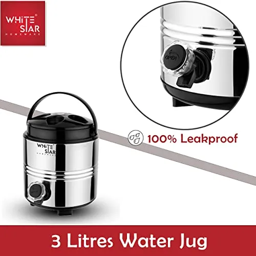 WHITESTAR Stainless Steel Insulated Water Dispenser for Office Home Kitchen I Hot and Cold Water Jug 3 Liters, Silver I Double Walled Steel & Sturdy Handle I Easy to Carry I Easy to Use & Maintain