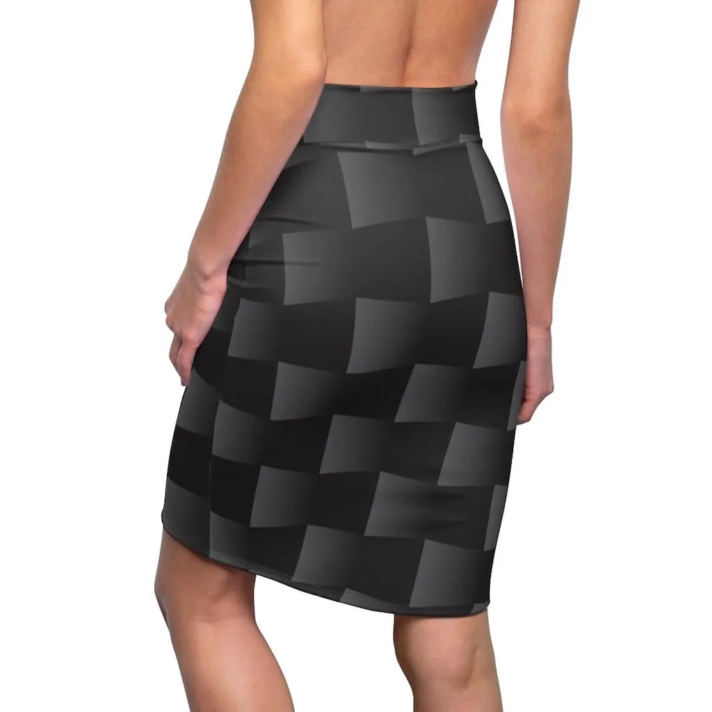 Womens Pencil Skirt - High Waist Stretch - 3d Black Squares