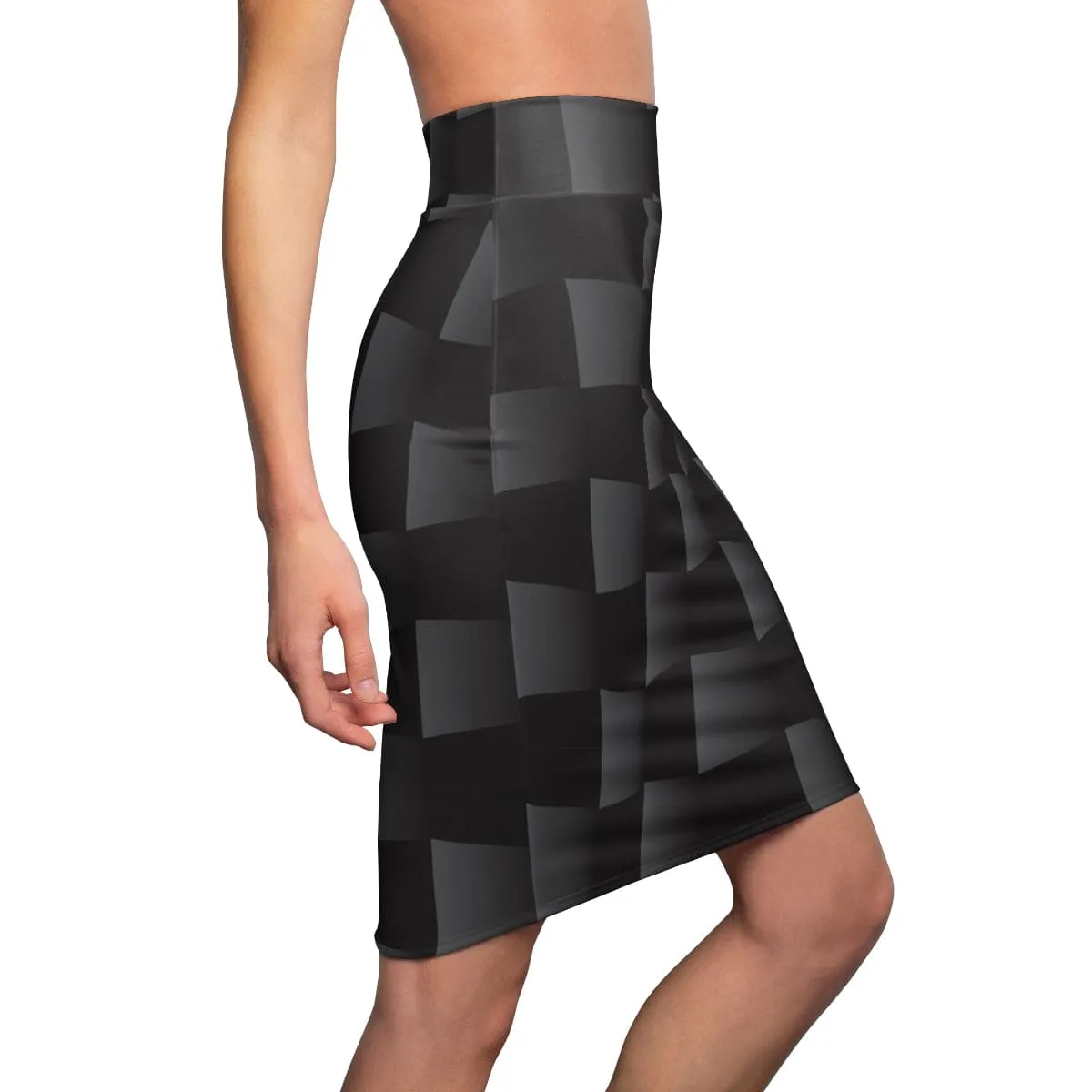 Womens Pencil Skirt - High Waist Stretch - 3d Black Squares