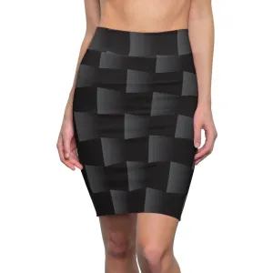 Womens Pencil Skirt - High Waist Stretch - 3d Black Squares