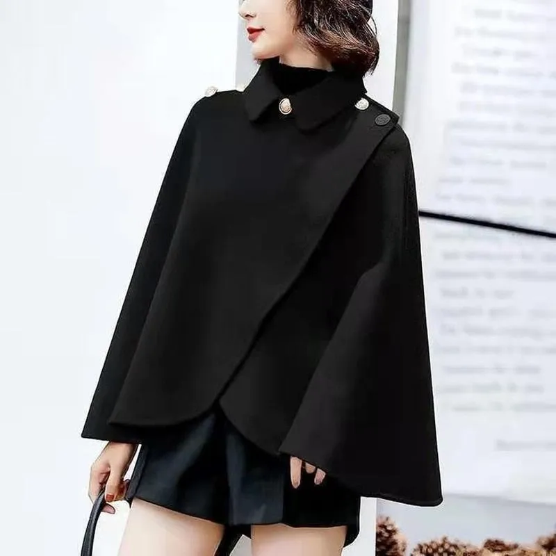 Wool blend Poncho Shoulder Clasp Women Short Shawl